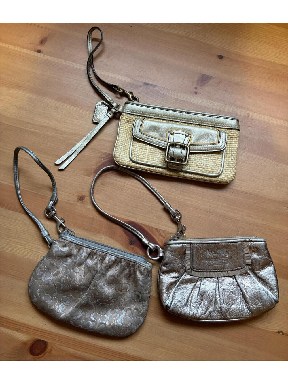 Coach Wristlet Bundle 3pc Gold Tan Signature Clutch Pouch Set Authentic